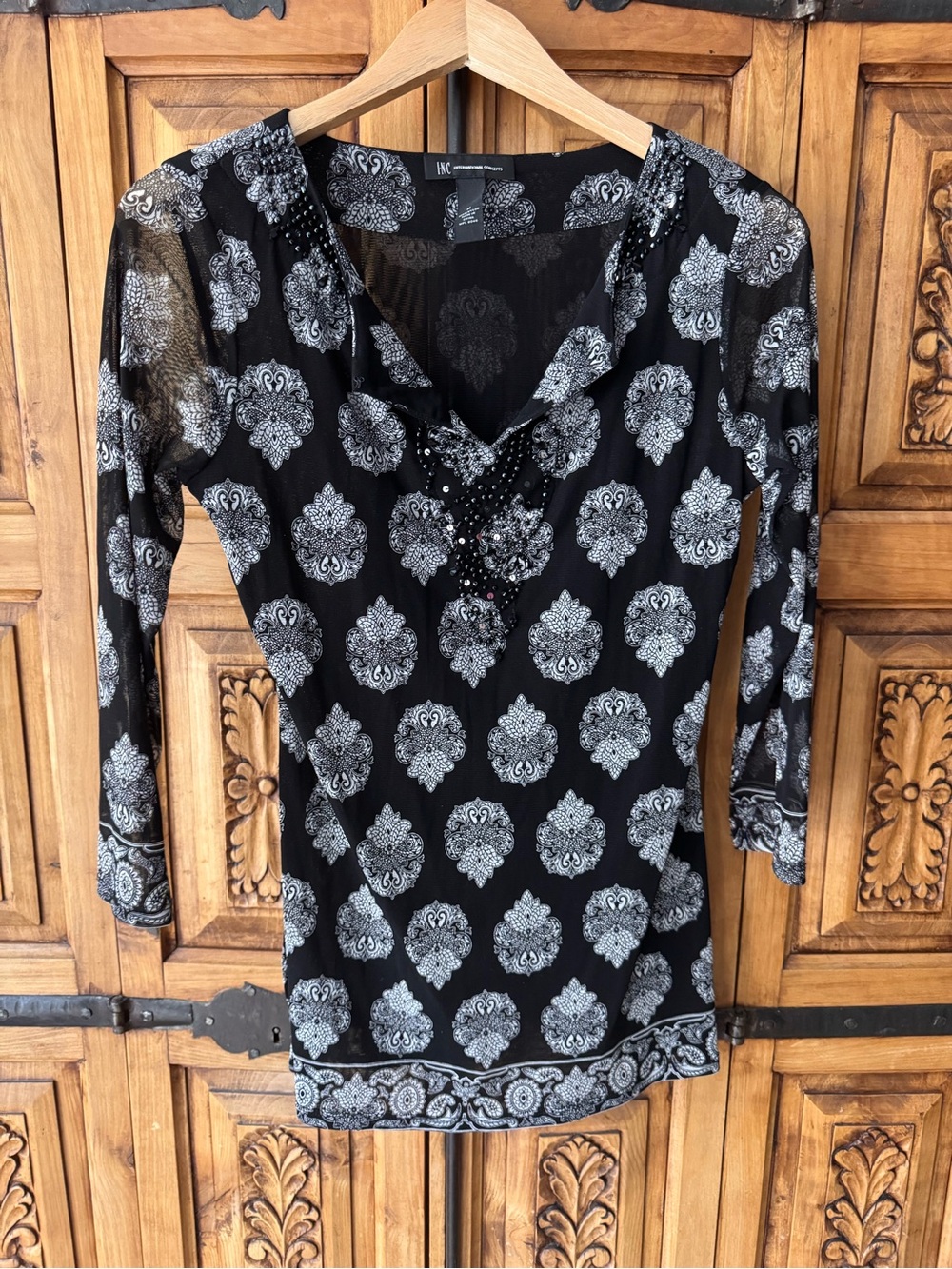 INC International Concepts Black Tunic with White Paisley Medallions